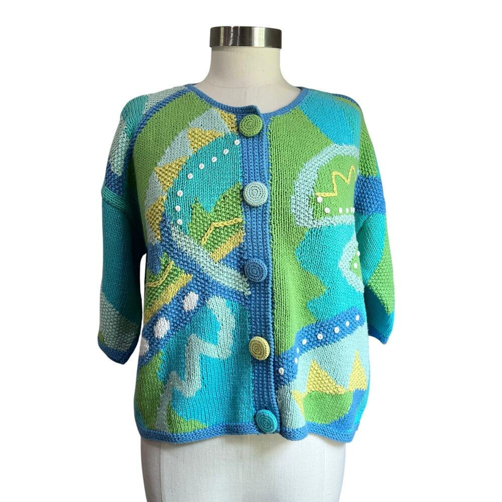 Segrets Sun Prints Knit by Hand Sweater Vintage Color Blocking Sweater Sz M